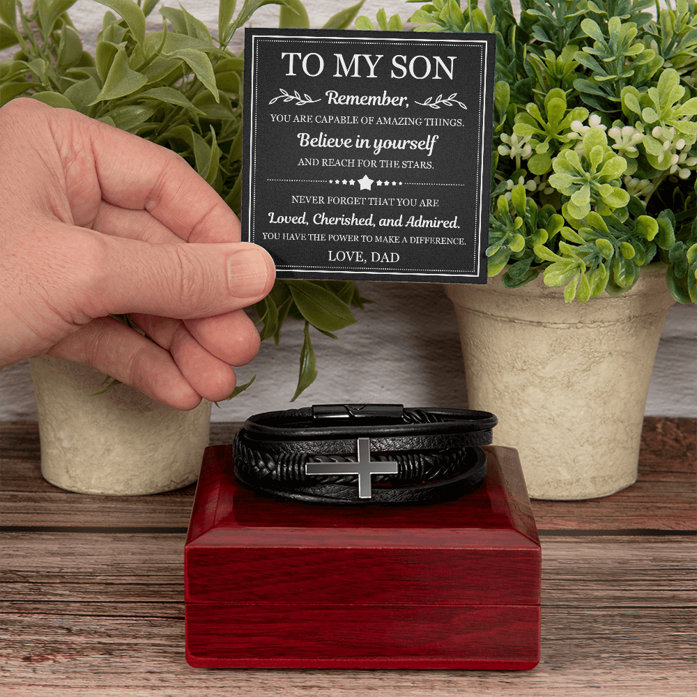 To My Son Men's Cross Bracelet - "Believe in Yourself"