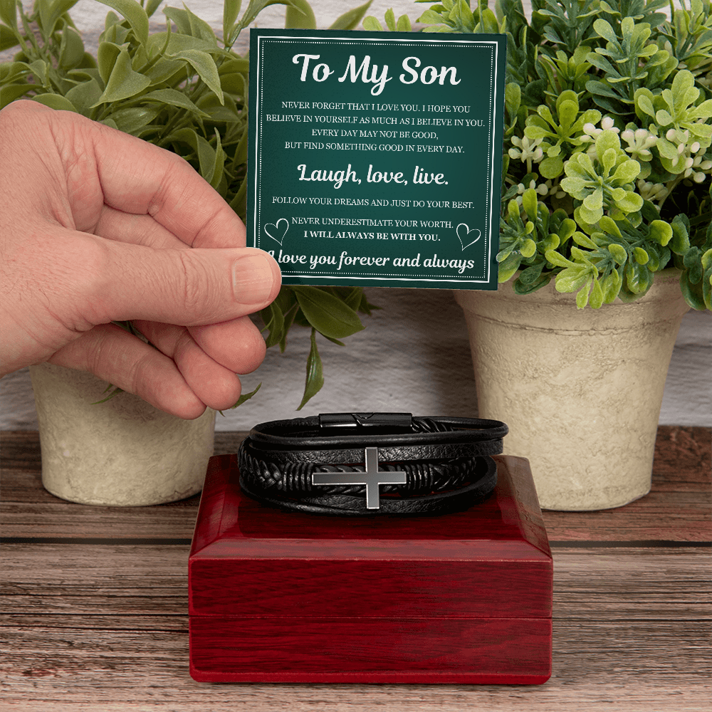 Men's Cross Bracelet - To My Son "Laugh, Love and Live"