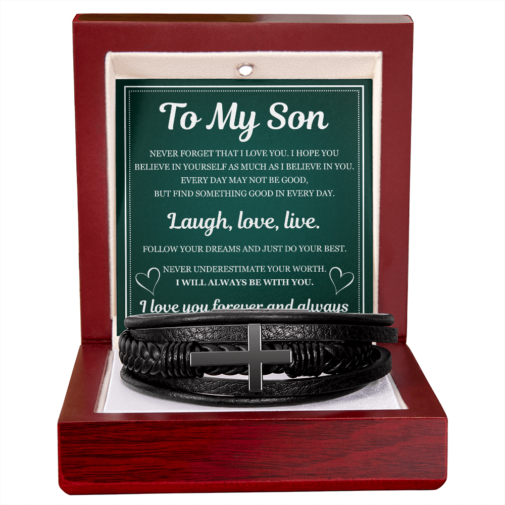 Men's Cross Bracelet - To My Son "Laugh, Love and Live"