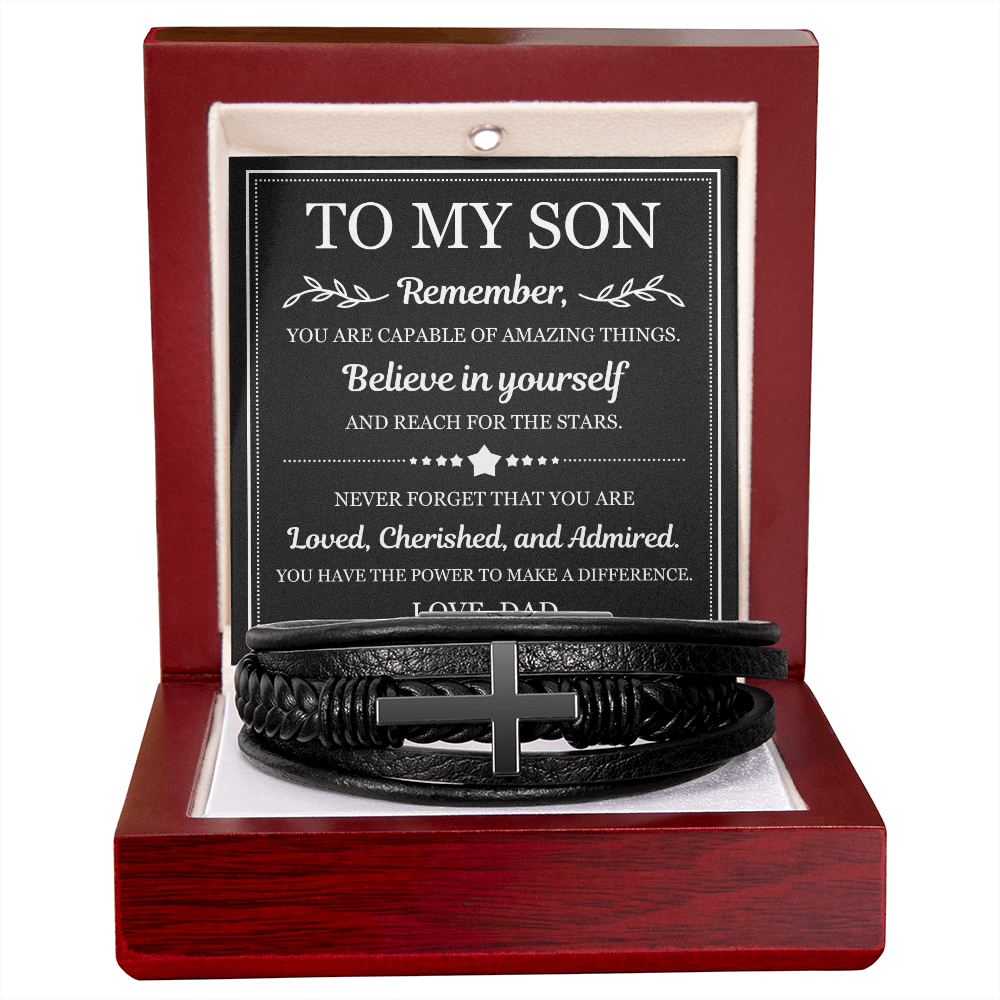 To My Son Men's Cross Bracelet - "Believe in Yourself"