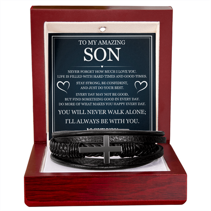 To My Son  Men's Cross Bracelet - "I'll Always Be With You"