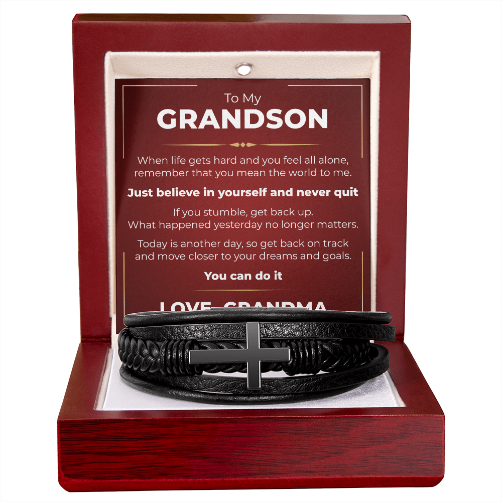 Men's Cross Bracelet - To My Grandson "Just Believe In Yourself and Never Quit"