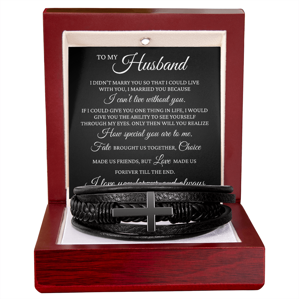 Men's Cross Bracelet - To My Husband "I cant' Live Without You"