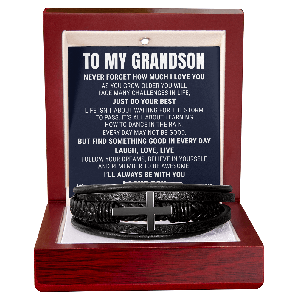Men's Cross Bracelet - To My Grandson "Never Forget How Much I Love You"