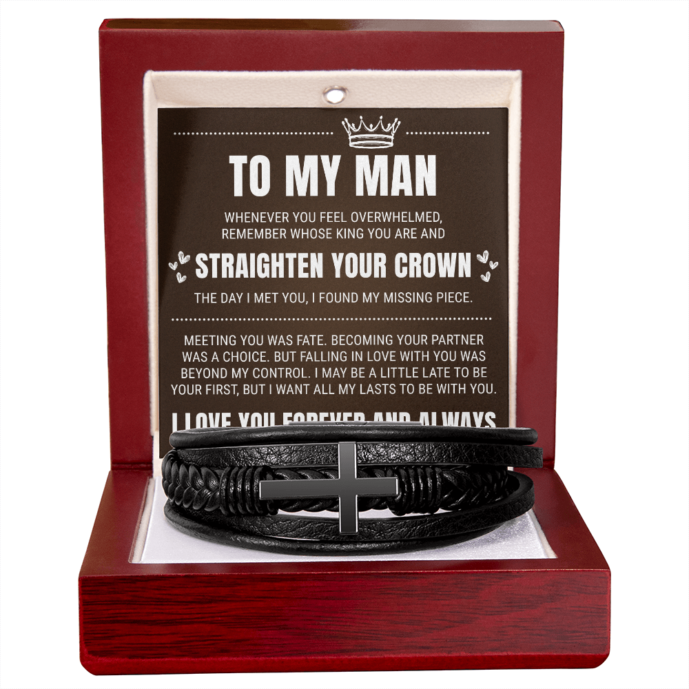 Men's Cross Bracelet - To My Man "Straighten Your Crown"