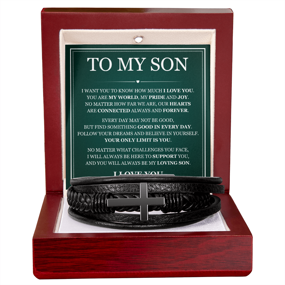 To My Son Men's Cross Bracelet - "You Are My World"