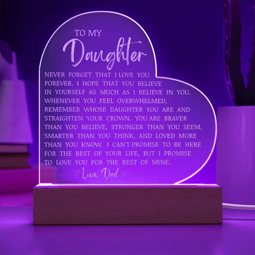 To My Daughter, LED Engraved Acrylic Heart Plaque, Daughter Keepsake Gift From Dad