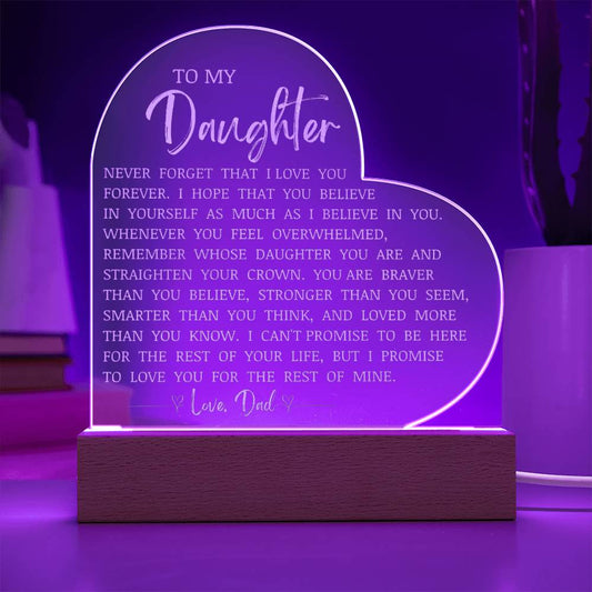 To My Daughter, LED Engraved Acrylic Heart Plaque, Daughter Keepsake Gift From Dad