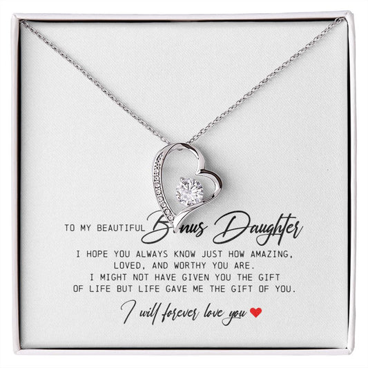 To My Beautiful Bonus Daughter, Forever Heart Necklace