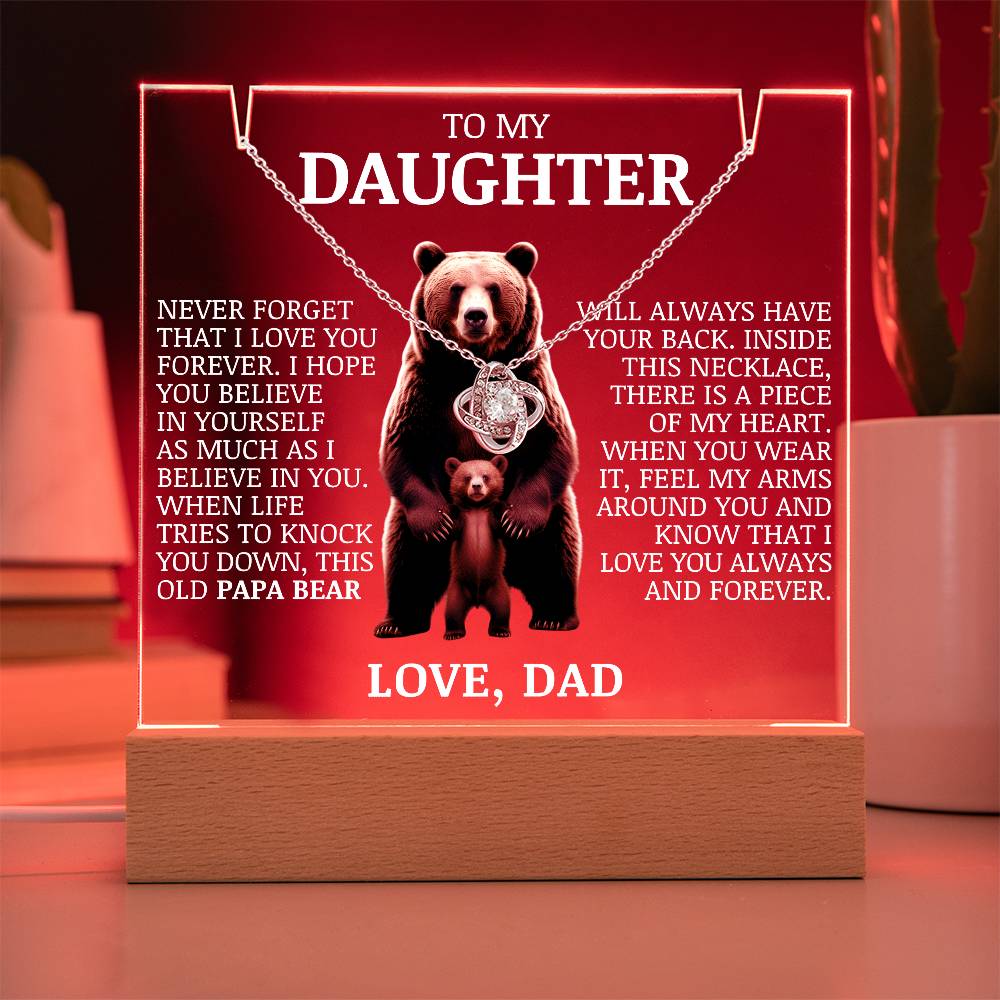 To My Daughter "Never Forget That I Love You" Love Knot Necklace on Acrylic Lamp