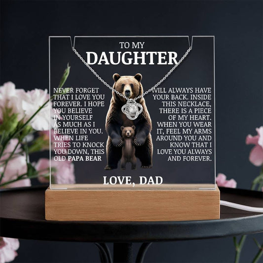 To My Daughter "Never Forget That I Love You" Love Knot Necklace on Acrylic Lamp