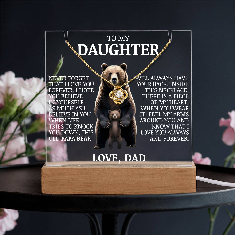 To My Daughter "Never Forget That I Love You" Love Knot Necklace on Acrylic Lamp