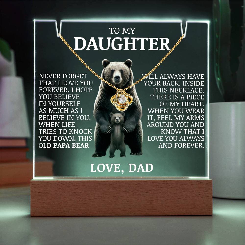 To My Daughter "Never Forget That I Love You" Love Knot Necklace on Acrylic Lamp