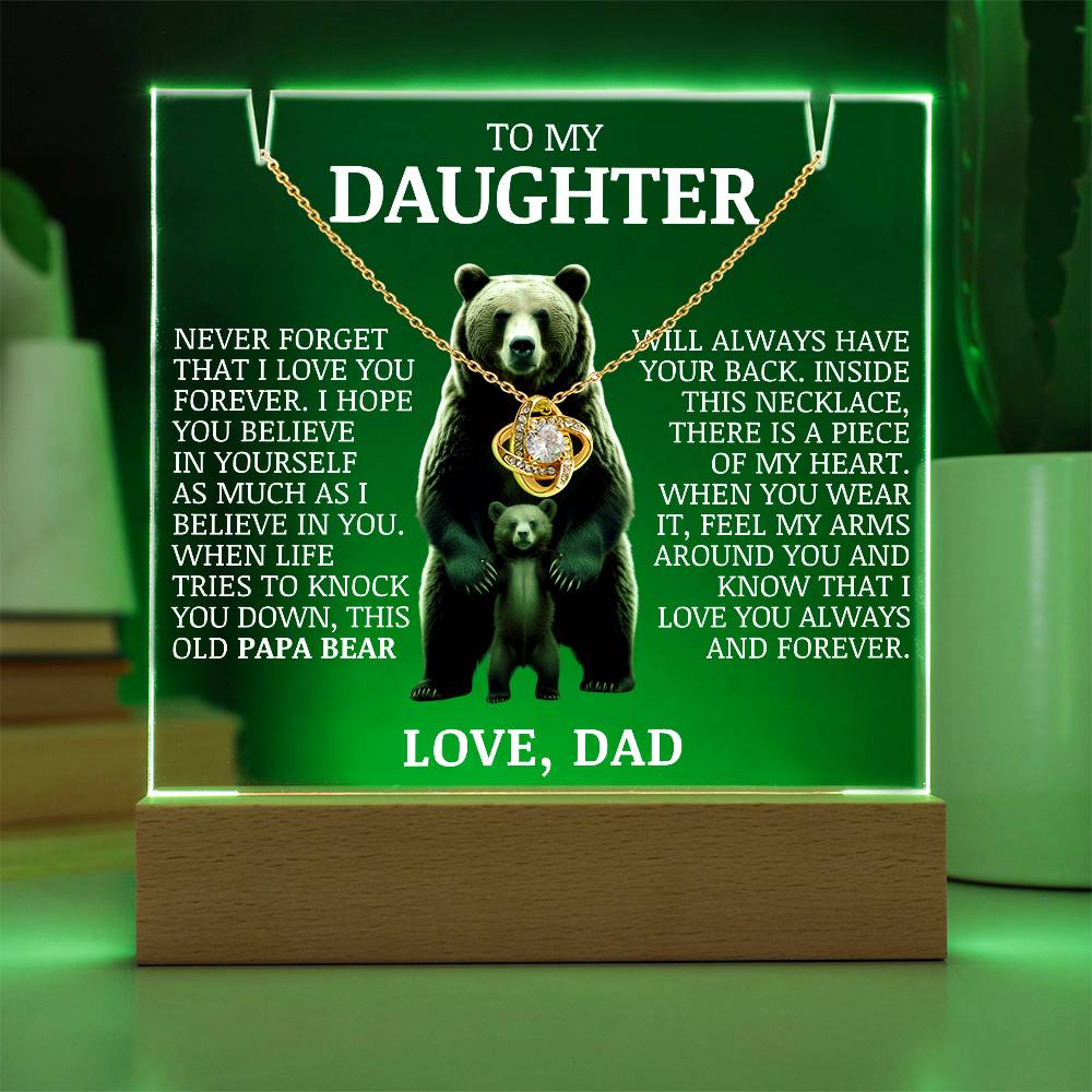 To My Daughter "Never Forget That I Love You" Love Knot Necklace on Acrylic Lamp
