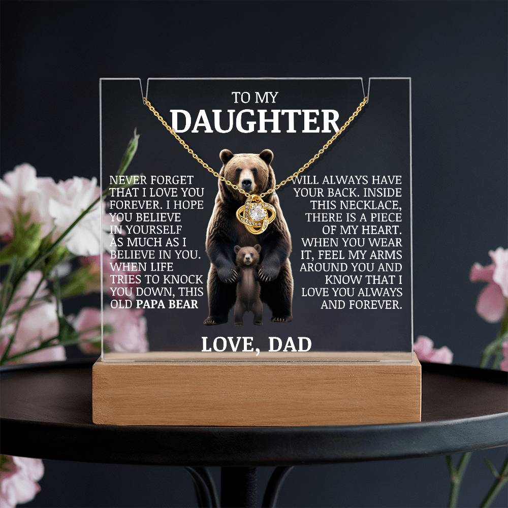 To My Daughter "Never Forget That I Love You" Love Knot Necklace on Acrylic Lamp