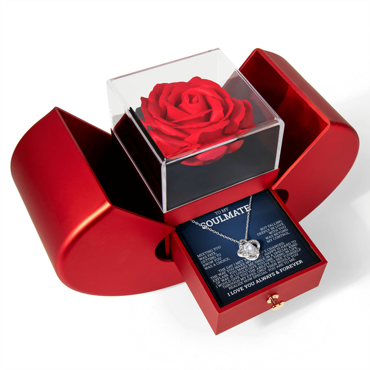 Love Knot Necklace with Red Heart Rose Box - To My Soulmate "The Day I Met You, My Life Changed"