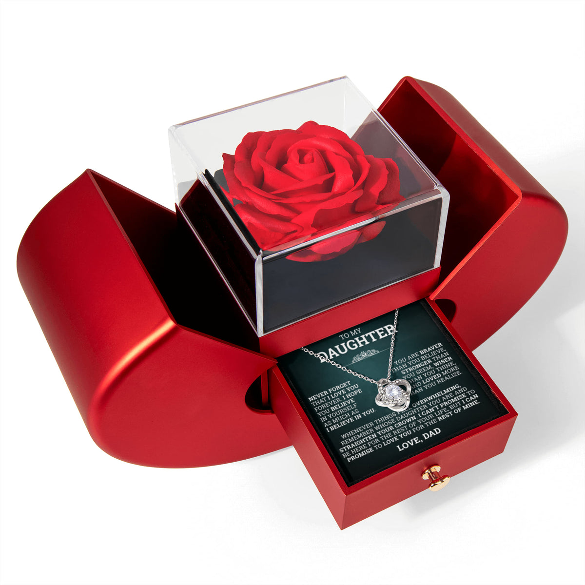 Love Knot Necklace w/ Red Heart Rose - To My  Daughter "I Hope You Believe In Yourself"