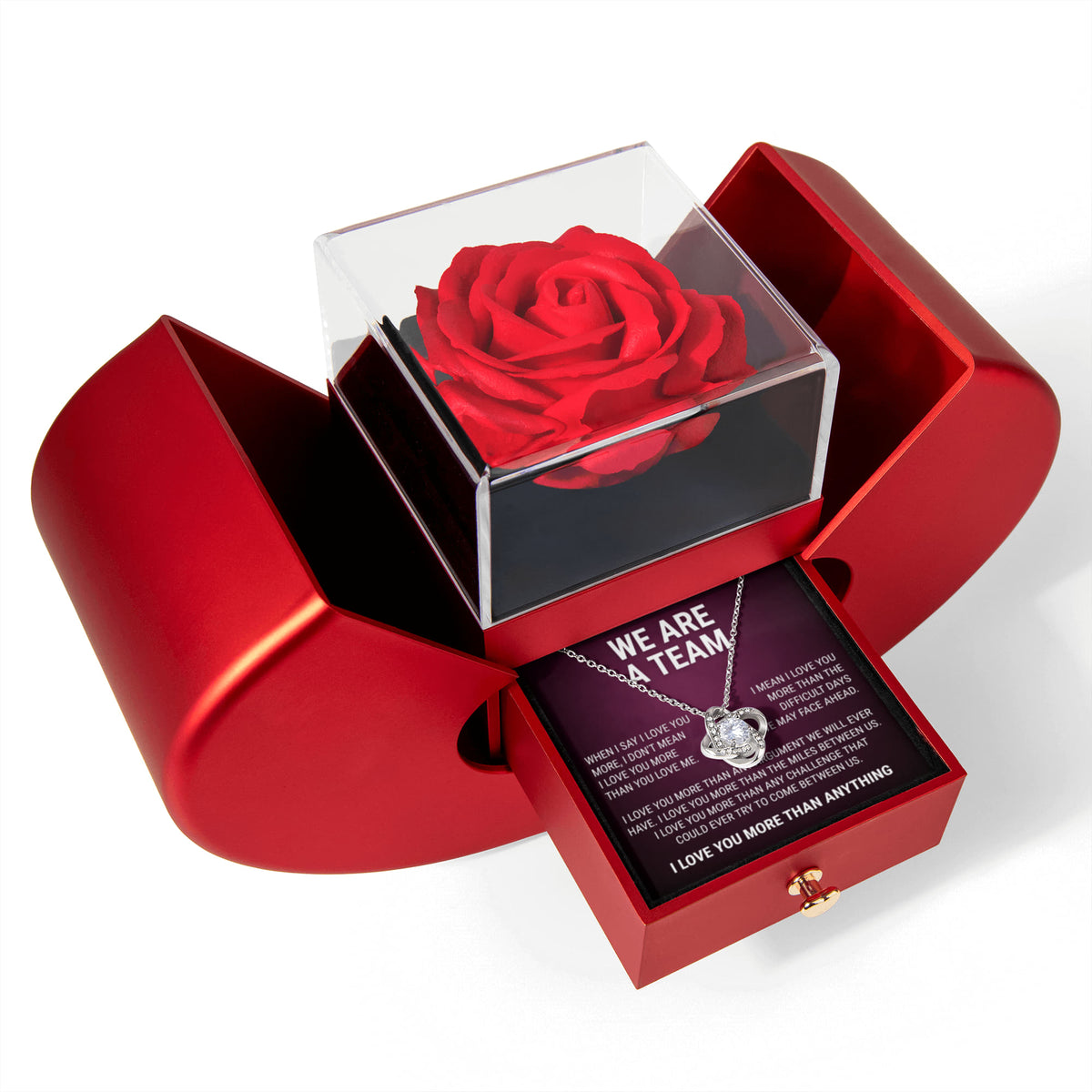 Love Knot Necklace w/ Red Heart Rose - We Are A Team
