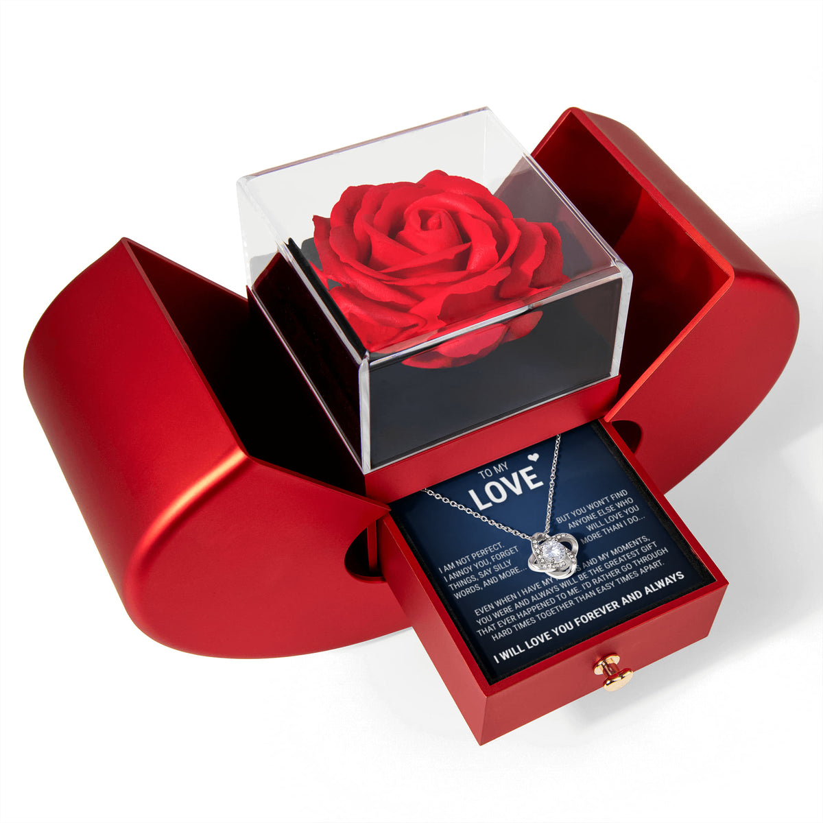 Love Knot Necklace w/ Red Heart Rose - To My  Love "I Will Love You Forever and Always"