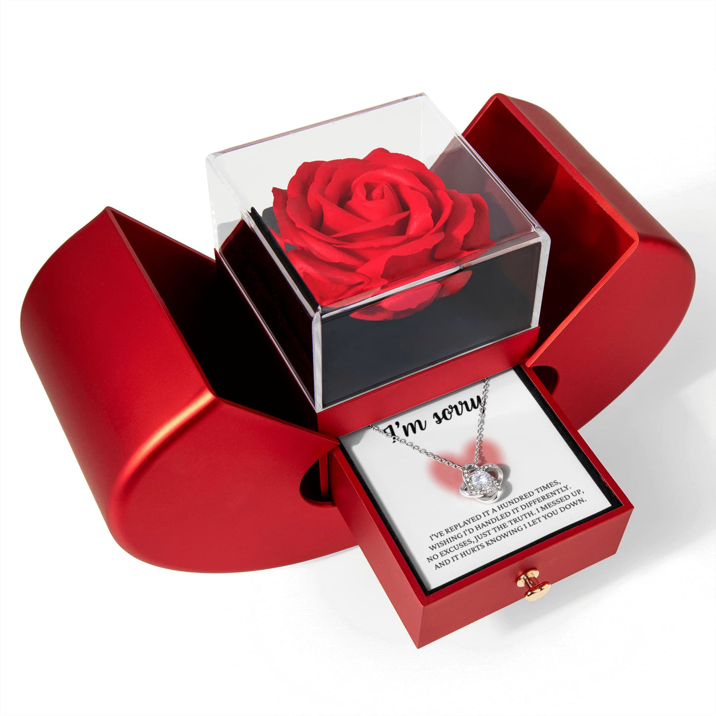 Love Knot Necklace with Red Heart Rose Box - "I'm Sorry"