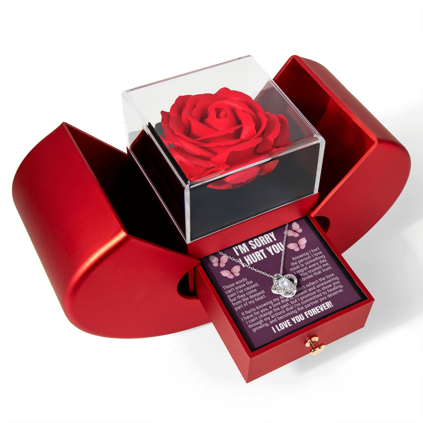 Love Knot Necklace with Red Heart Rose Box - I'm Sorry I Hurt You