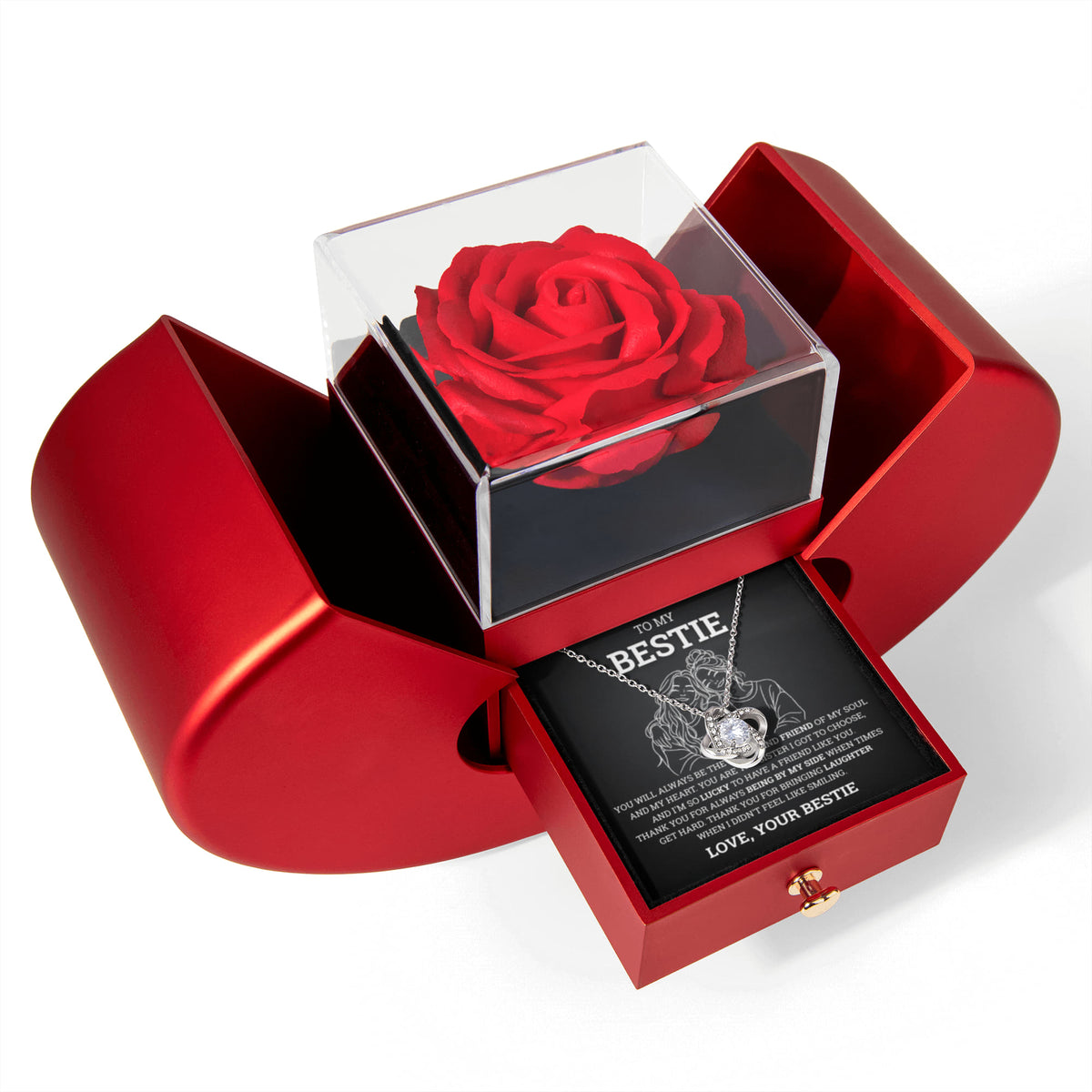 Love Knot Necklace w/ Red Heart Rose - To My Bestie