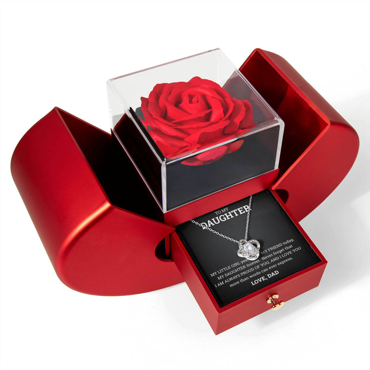 Love Knot Necklace w/ Red Heart Rose - To My Daughter "I Am Always Proud of You"