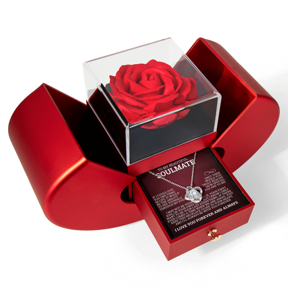 Love Knot Necklace w/ Red Heart Rose - To My  Beautiful Soulmate "I'll Always Be With You Forever"