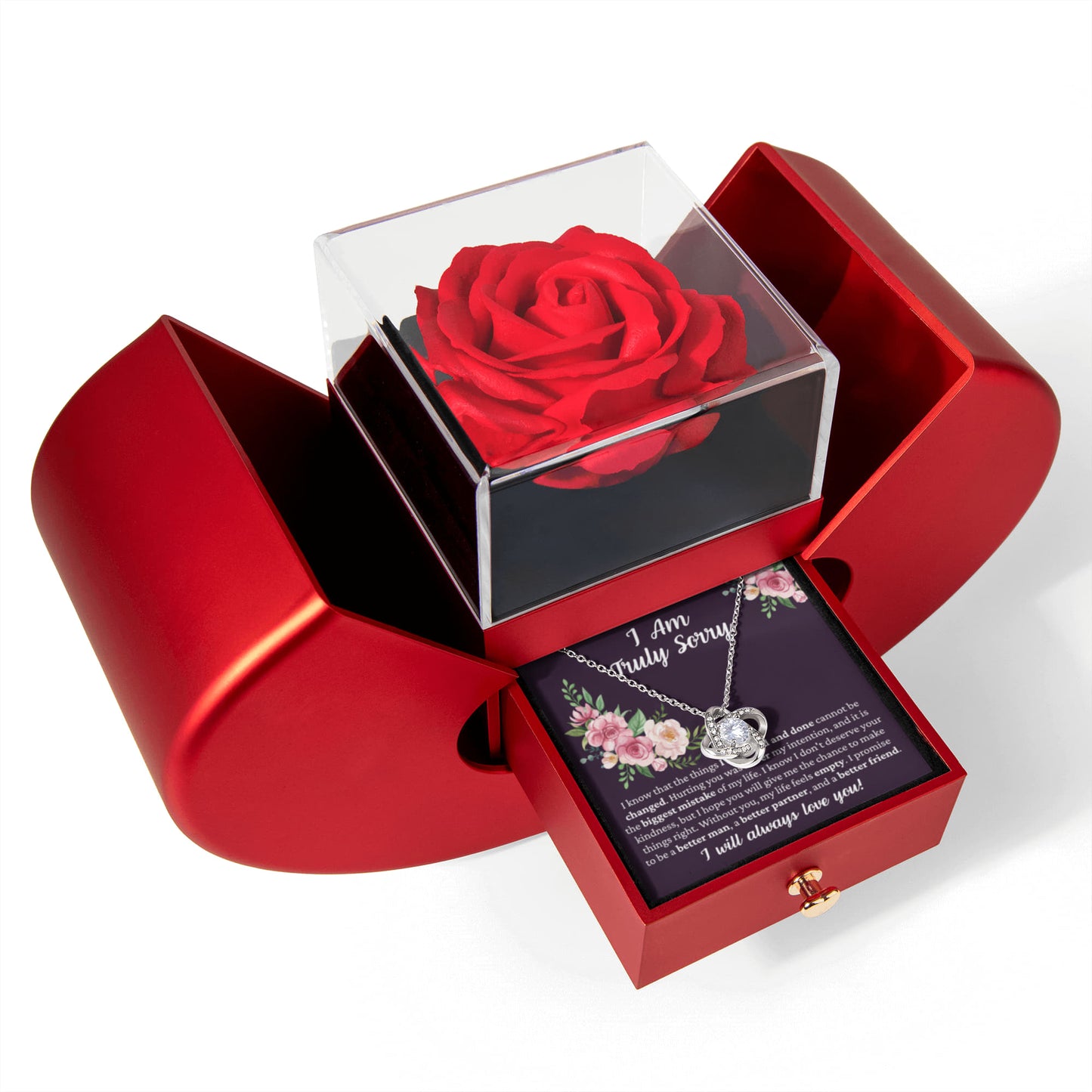Love Knot Necklace with Red Heart Rose Box - I Am Truly Sorry