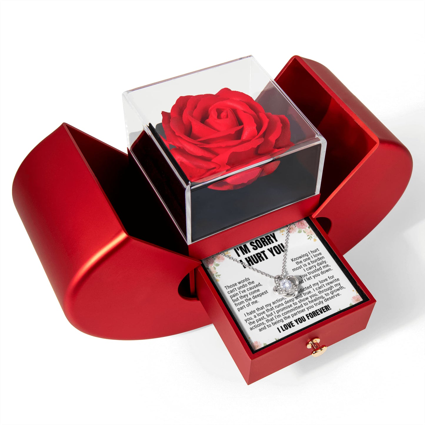 Love Knot Necklace with Red Heart Rose Box - "I'm Sorry I Hurt You"
