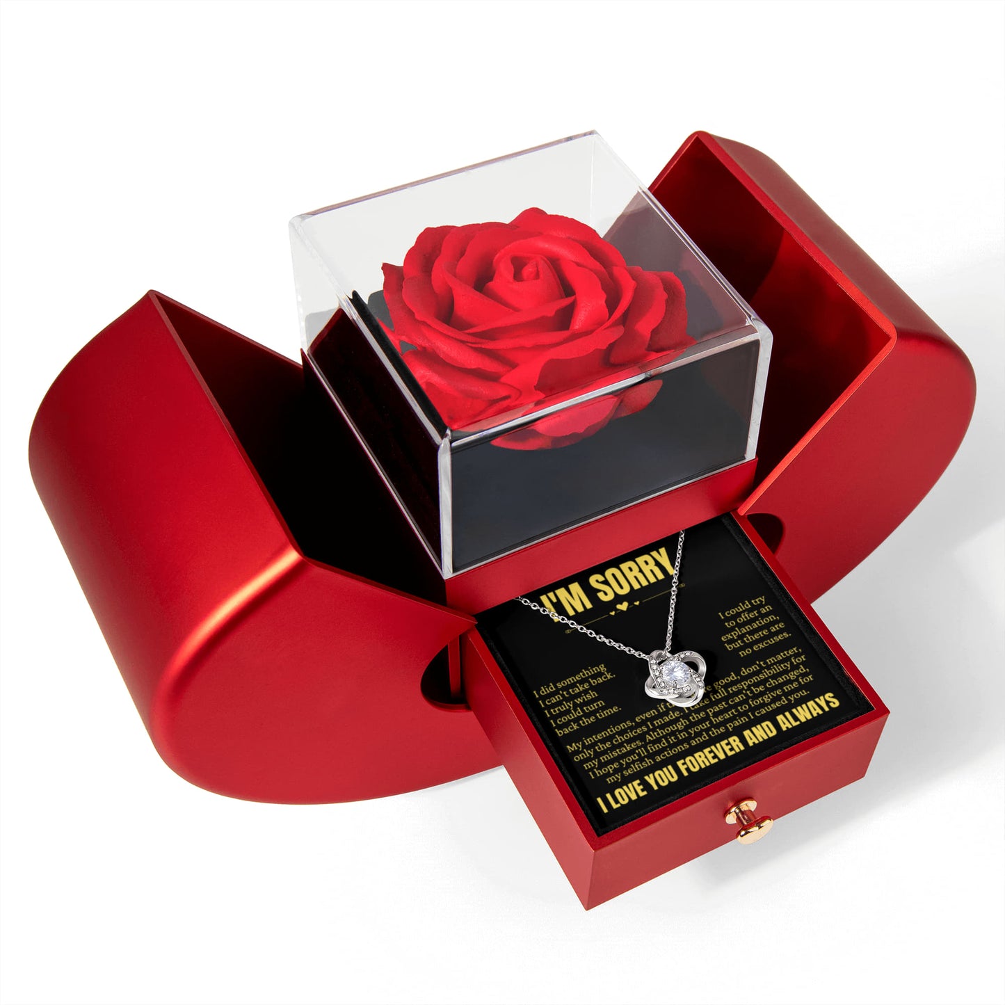 Love Knot Necklace with Red Heart Rose Box - I'm Sorry, I Love You Forever and Always