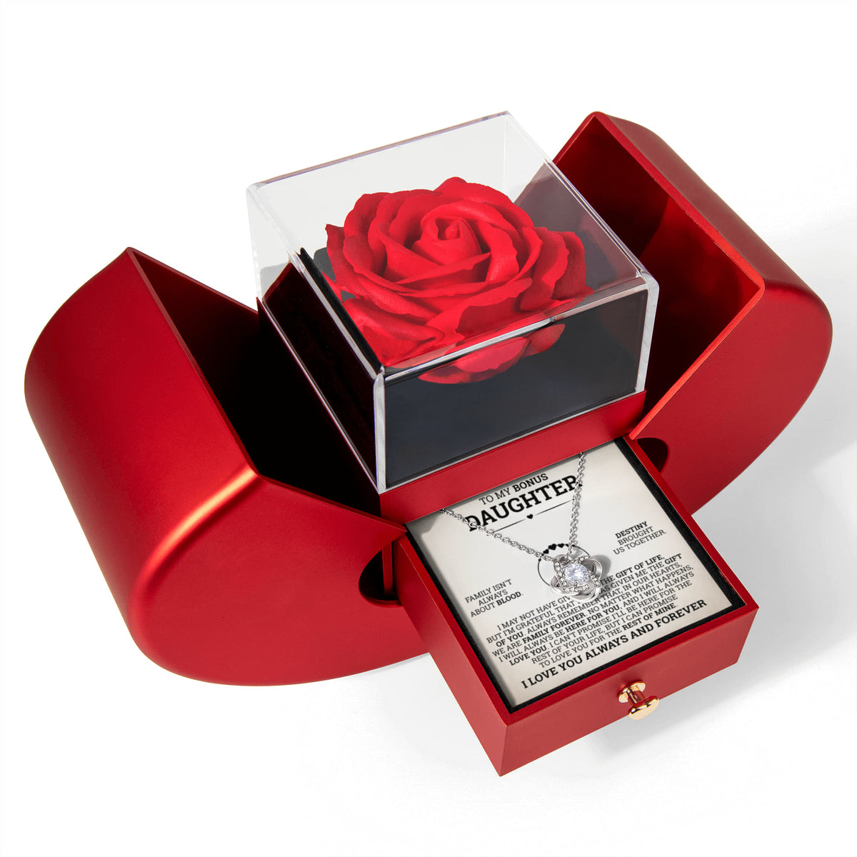 Love Knot Necklace w/ Red Heart Rose - To My  Bonus Daughter "Destiny Brought Us Together"