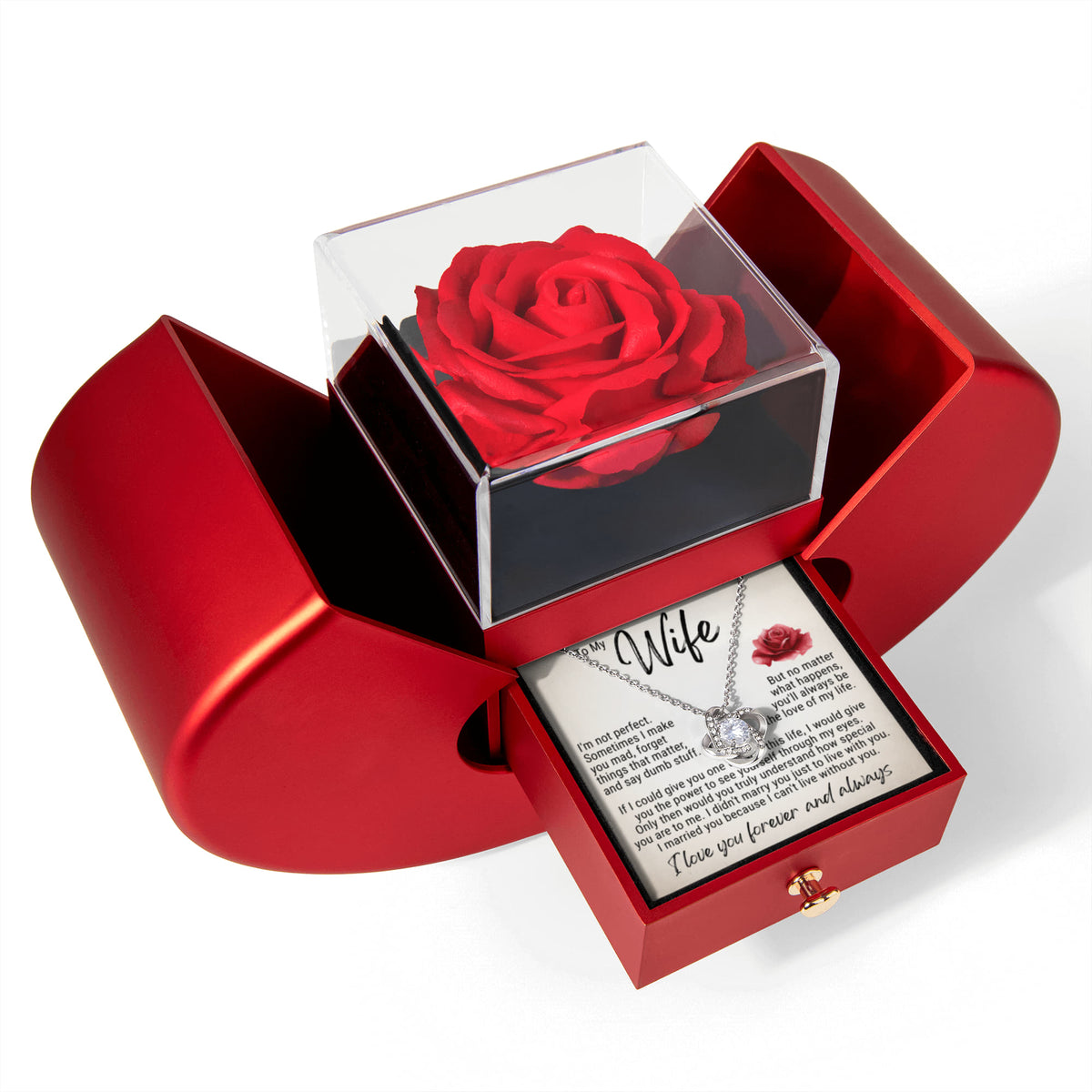 Love Knot Necklace w/ Red Heart Rose - To My  Wife "You'll Always Be The Love Of My Life"