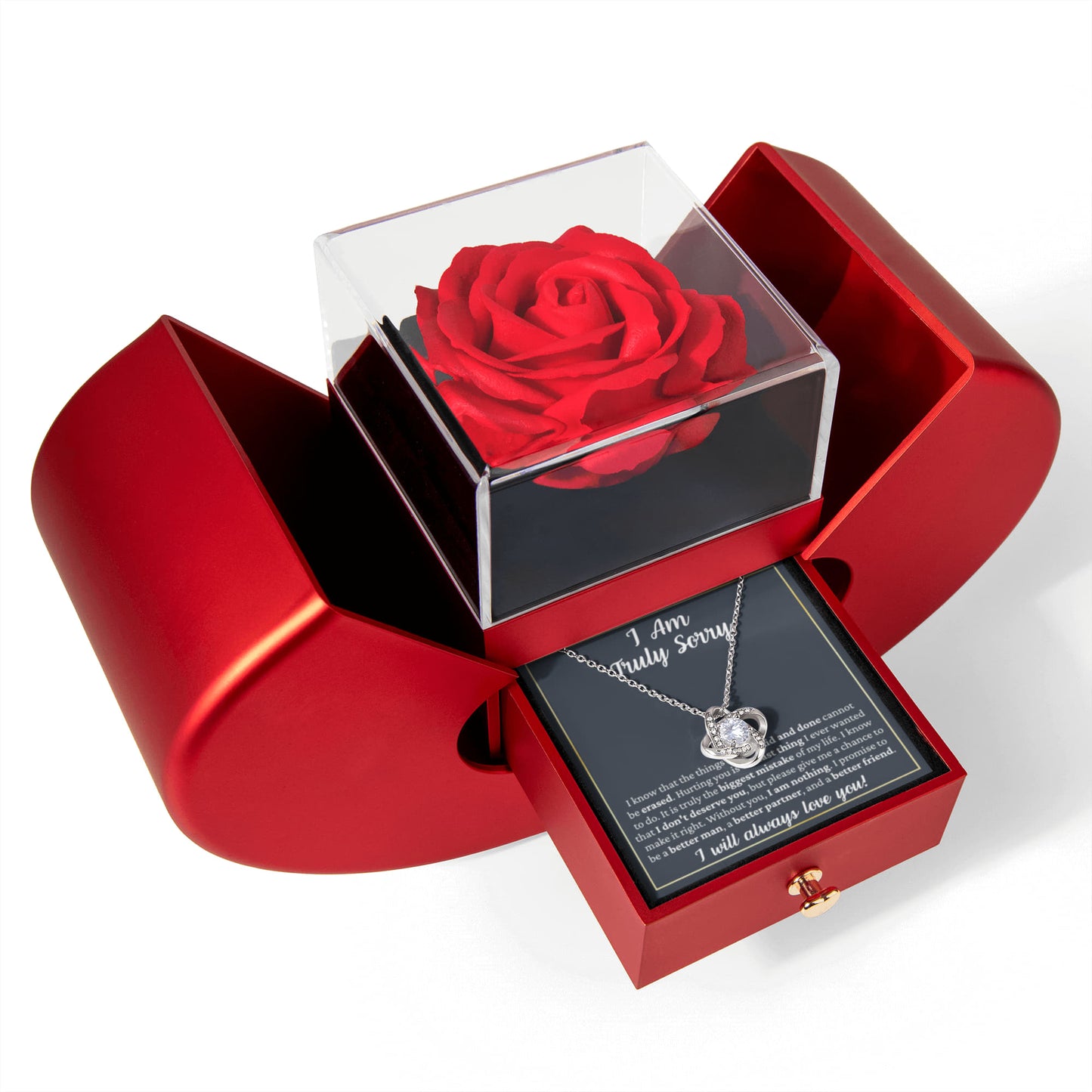Love Knot Necklace with Red Heart Rose Box - "I Am Truly Sorry"