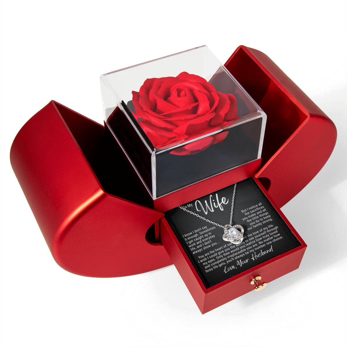 Love Knot Necklace w/ Red Heart Rose - To My  Wife "The Love of My Life"