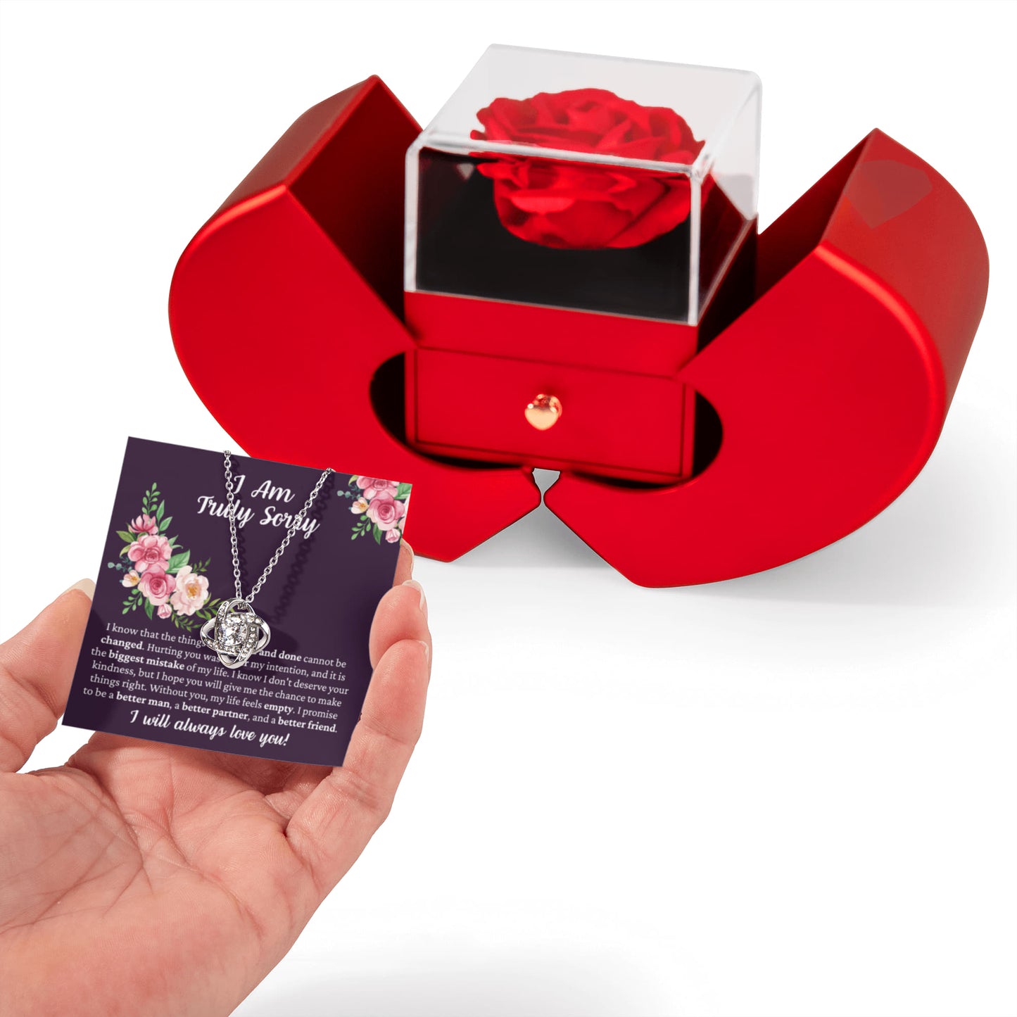 Love Knot Necklace with Red Heart Rose Box - I Am Truly Sorry