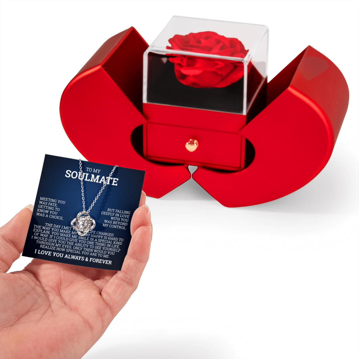 Love Knot Necklace with Red Heart Rose Box - To My Soulmate "The Day I Met You, My Life Changed"