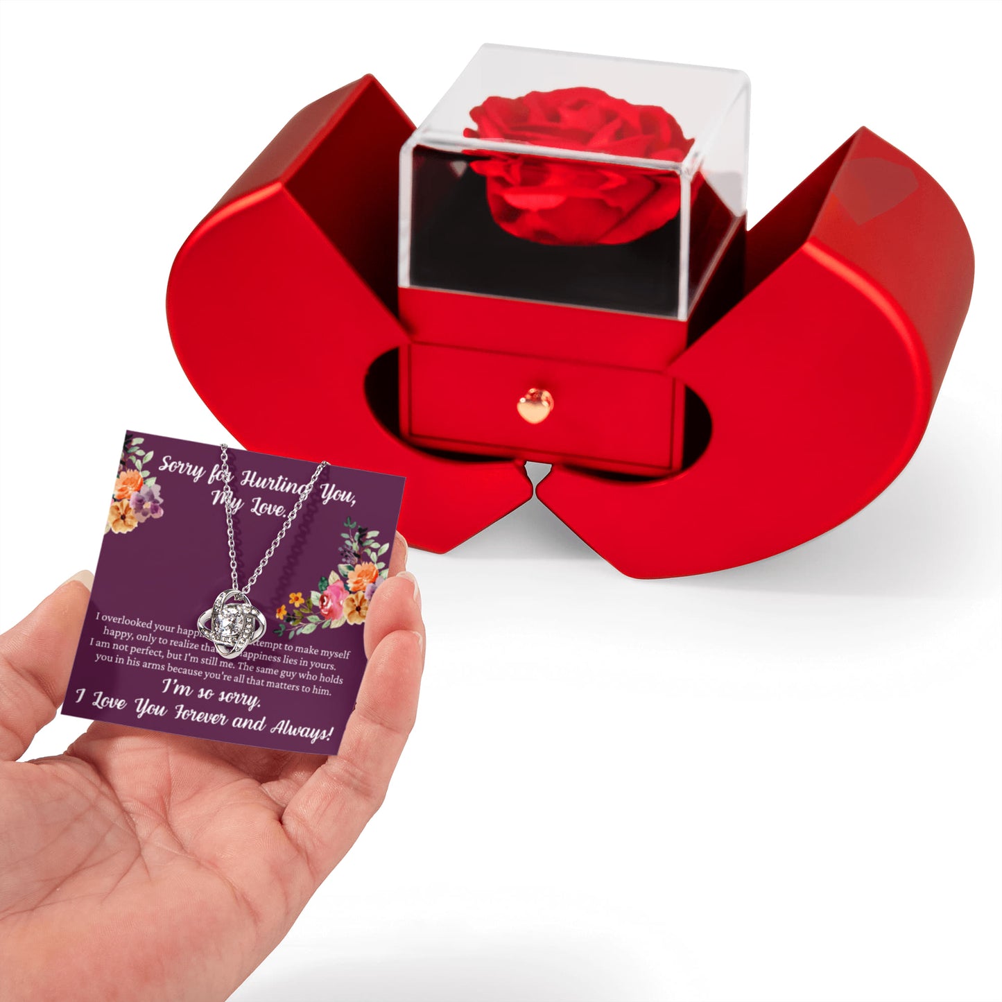 Love Knot Necklace with Red Heart Rose Box - "Sorry for Hurting You My Love..."