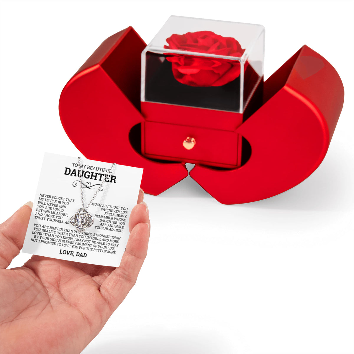 Love Knot Necklace w/ Red Heart Rose - To My Beautiful Daughter "You Are Braver Than You Think