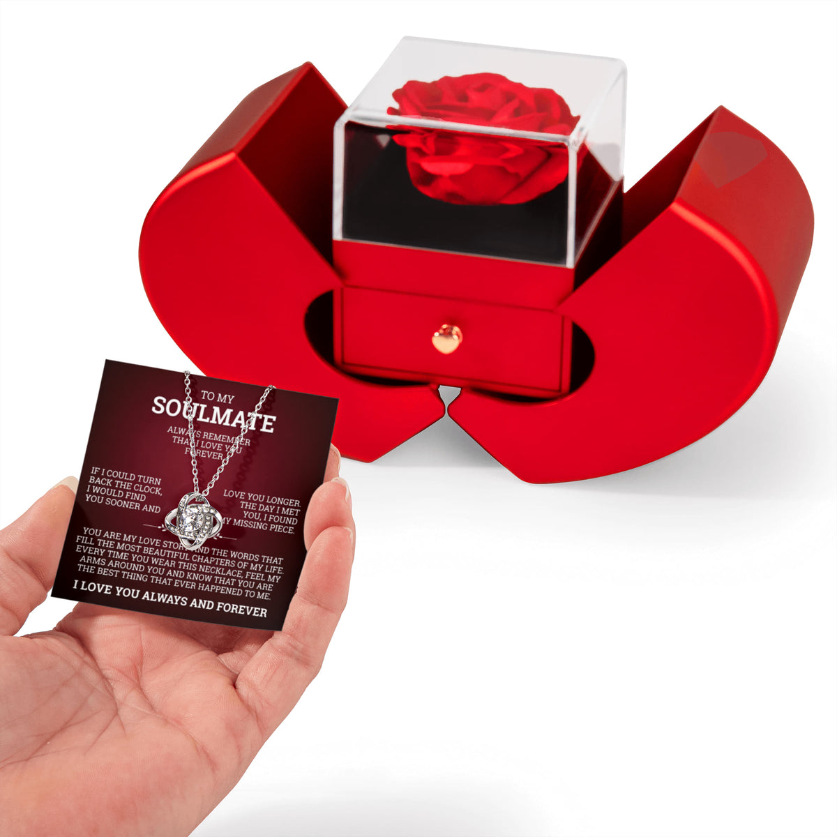 Love Knot Necklace with Red Heart Rose Box - To My Soulmate "The Day I Met You, I Found My Missing Piece"