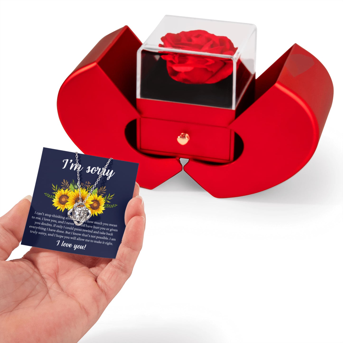 Love Knot Necklace with Red Heart Rose Box - "I am Sorry, I Love You"