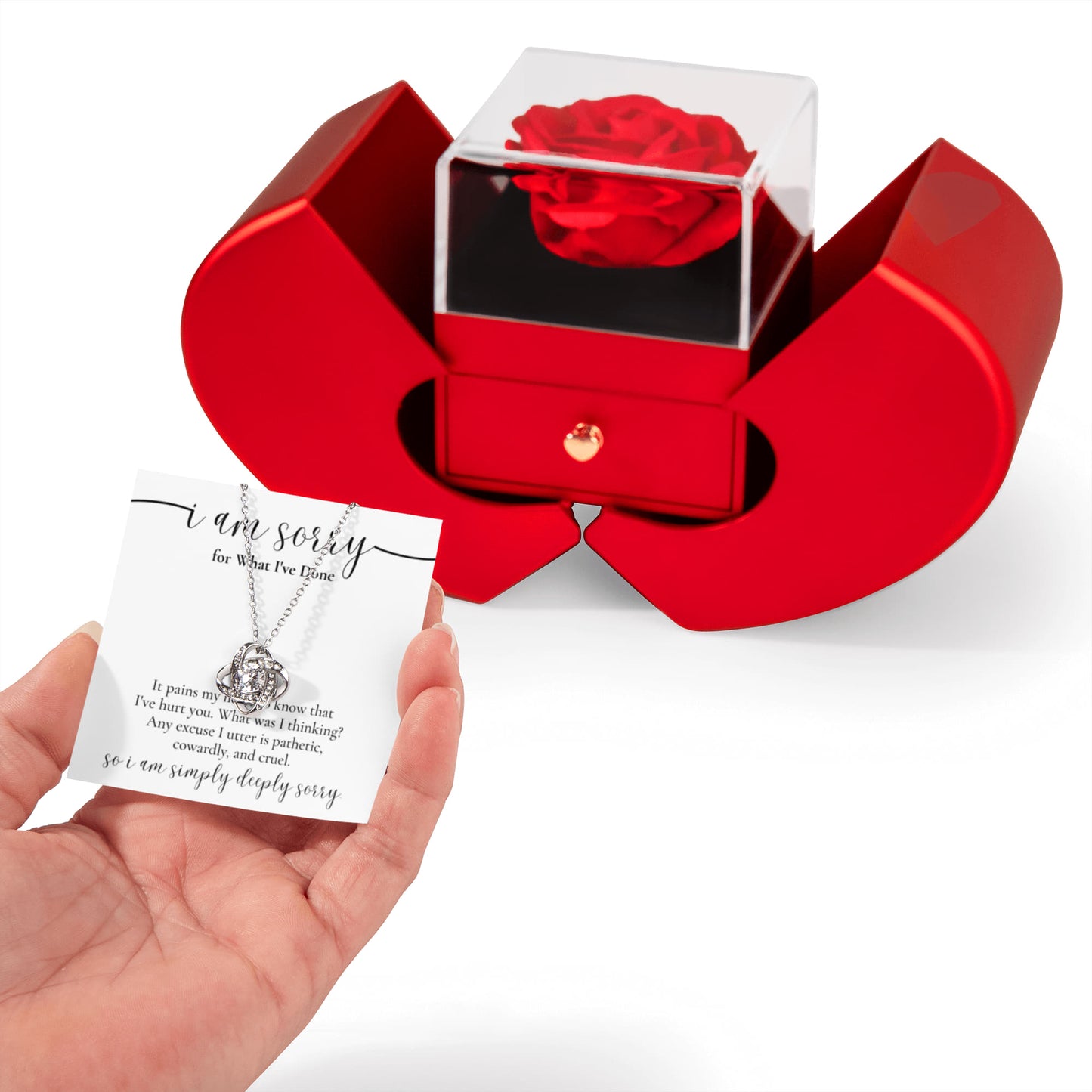 Love Knot Necklace with Red Heart Rose Box - "I'm Sorry for What I've Done"