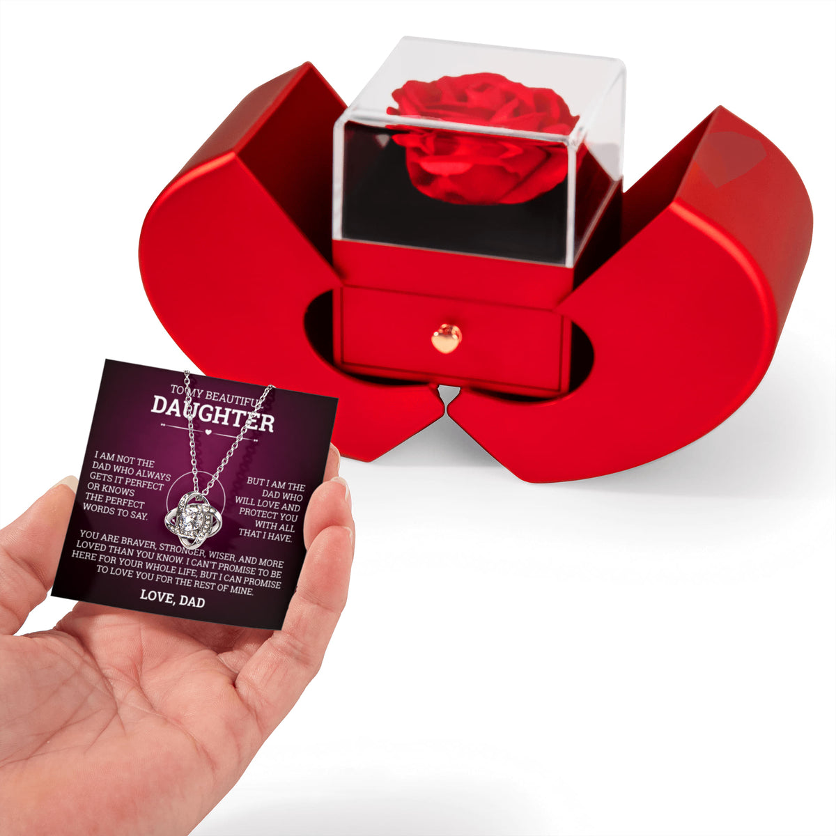 Love Knot Necklace w/ Red Heart Rose - To My  Beautiful Daughter "You Are Braver"