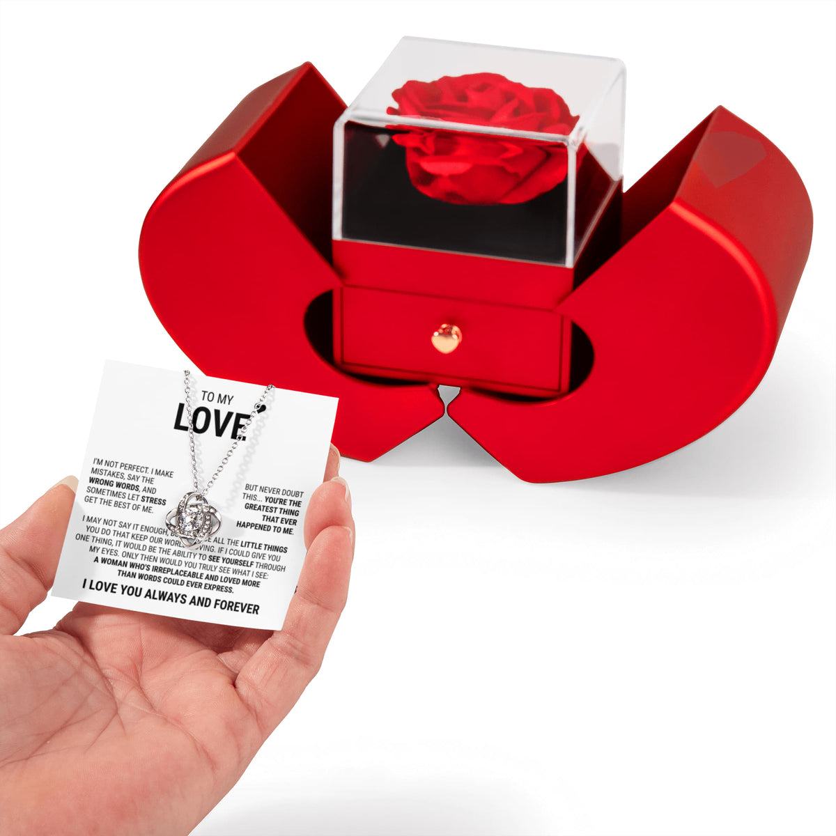 Love Knot Necklace w/ Red Heart Rose - To My love "You're The Greatest Thing That Ever Happened To Me"
