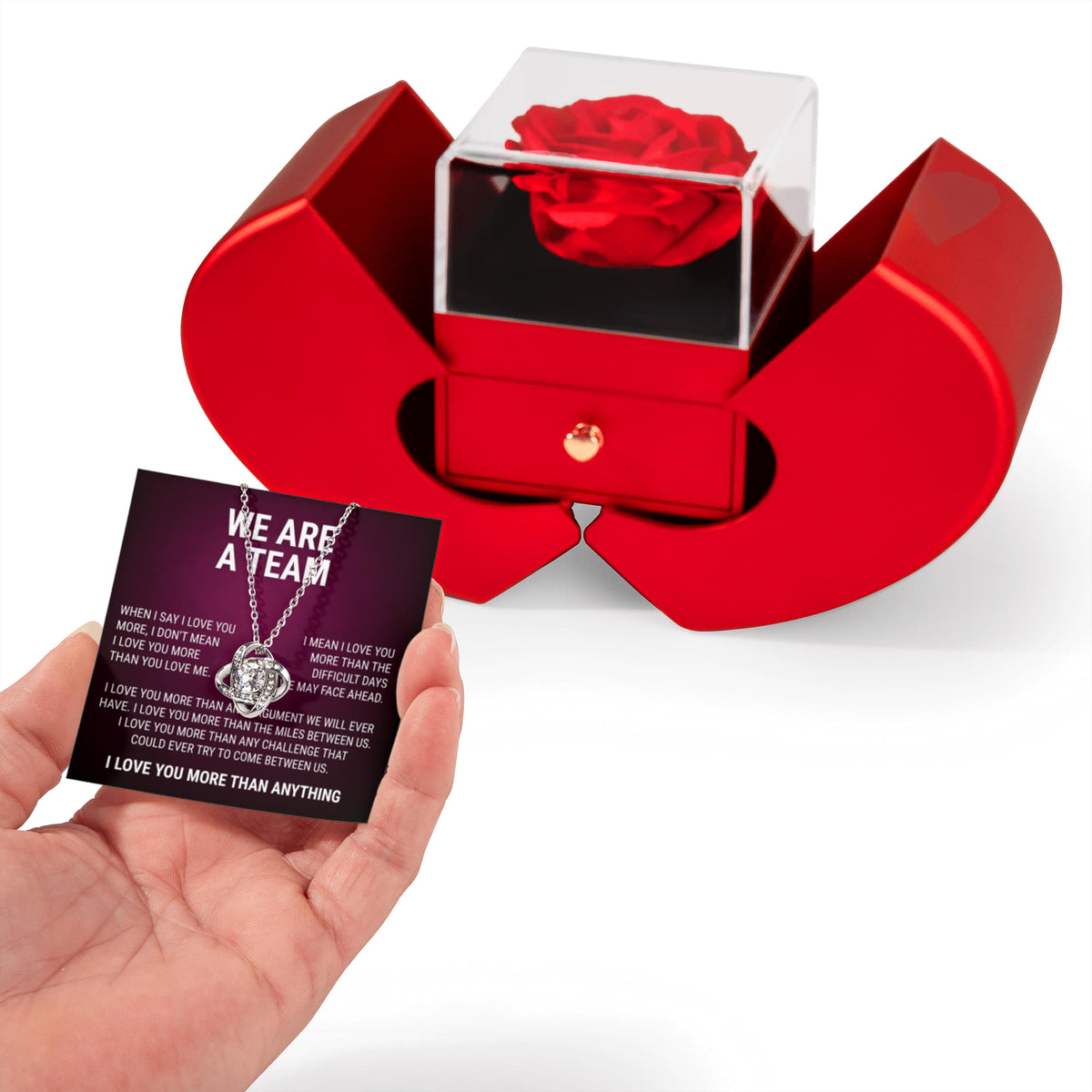 Love Knot Necklace w/ Red Heart Rose - We Are A Team