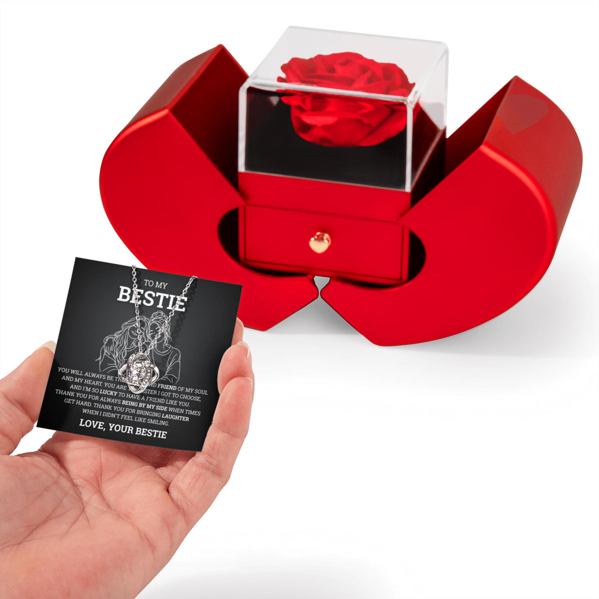 Love Knot Necklace w/ Red Heart Rose - To My Bestie