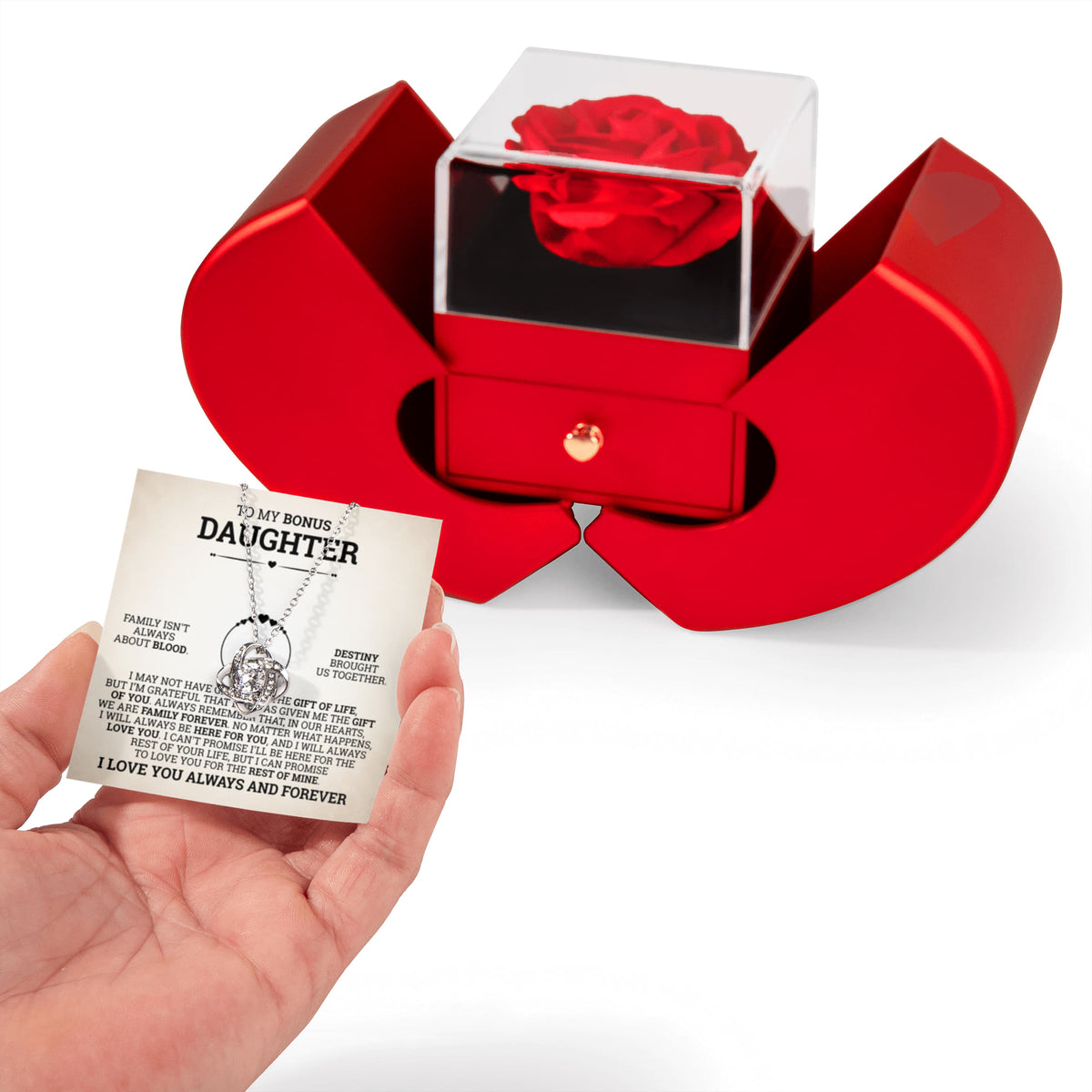 Love Knot Necklace w/ Red Heart Rose - To My  Bonus Daughter "Destiny Brought Us Together"
