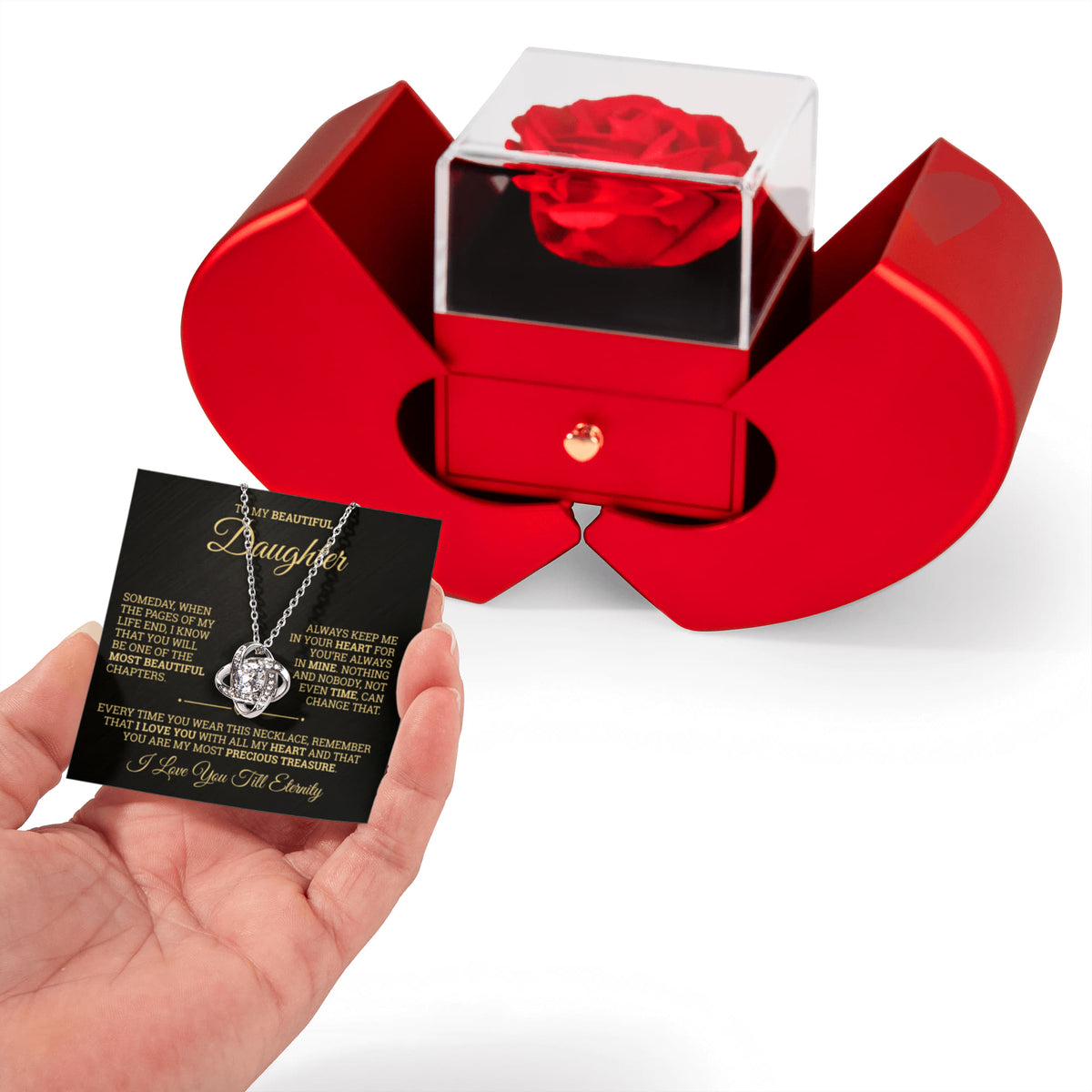 Love Knot Necklace with Red Heart Rose Box - To My Beautiful Daughter "My Most Precious Treasure"