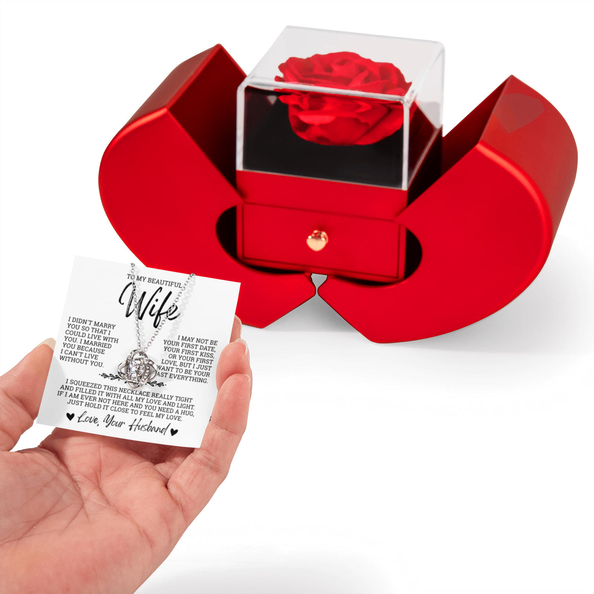 Love Knot Necklace with Red Heart Rose Box - To My Beautiful Wife "I Can't Live Without You"
