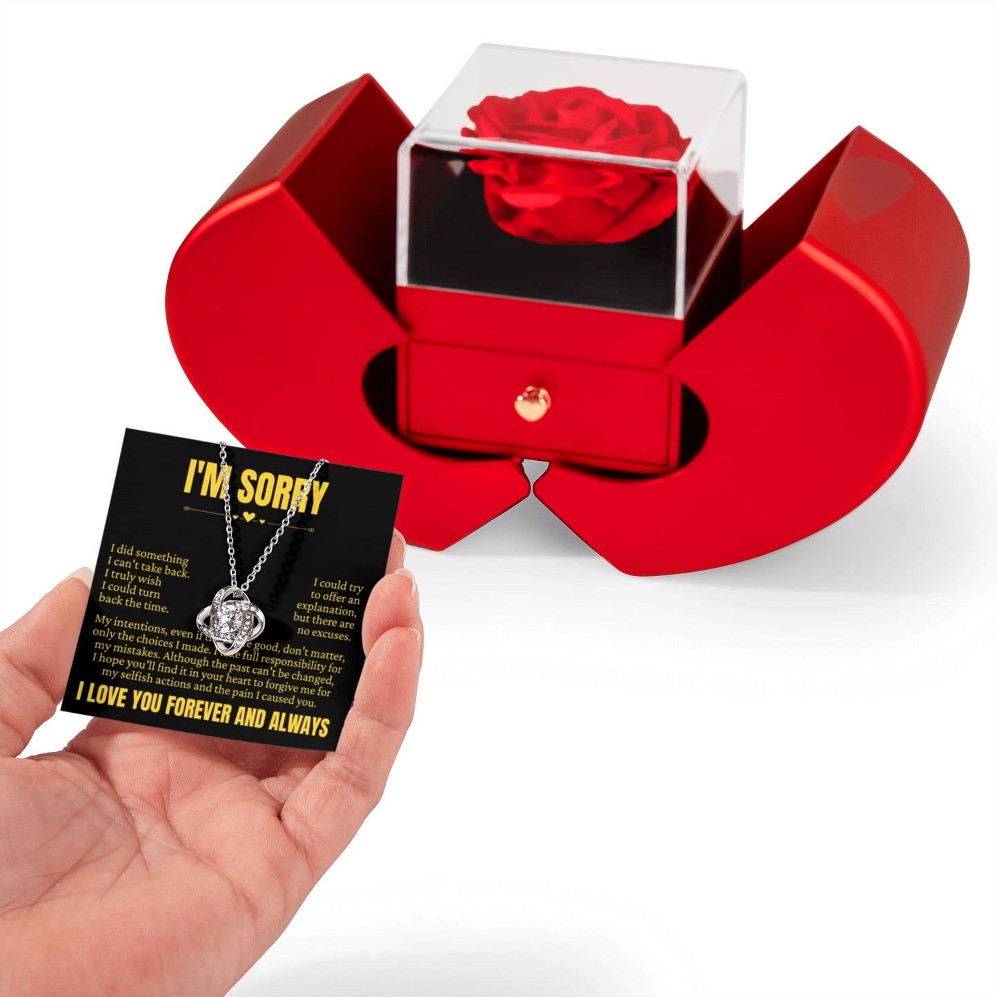 Love Knot Necklace with Red Heart Rose Box - I'm Sorry, I Love You Forever and Always